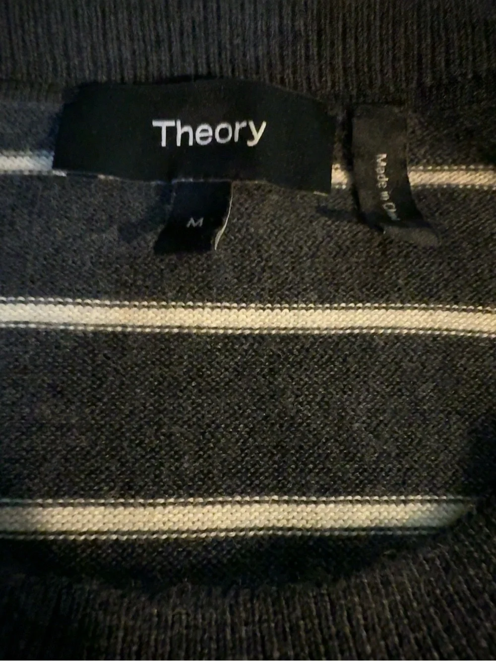 Theory Men’s Striped Merino Blend Crewneck Sweater Medium Gray White Luxury Knit